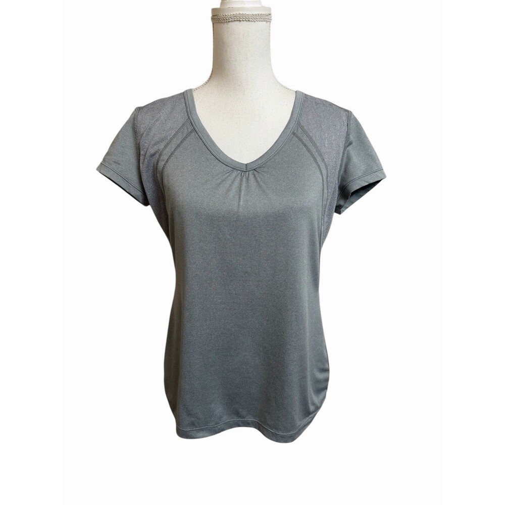ATHLETA Women's L Silver Gray V-Neck Short Sleeve Velocity Athletic T-Shirt Tee